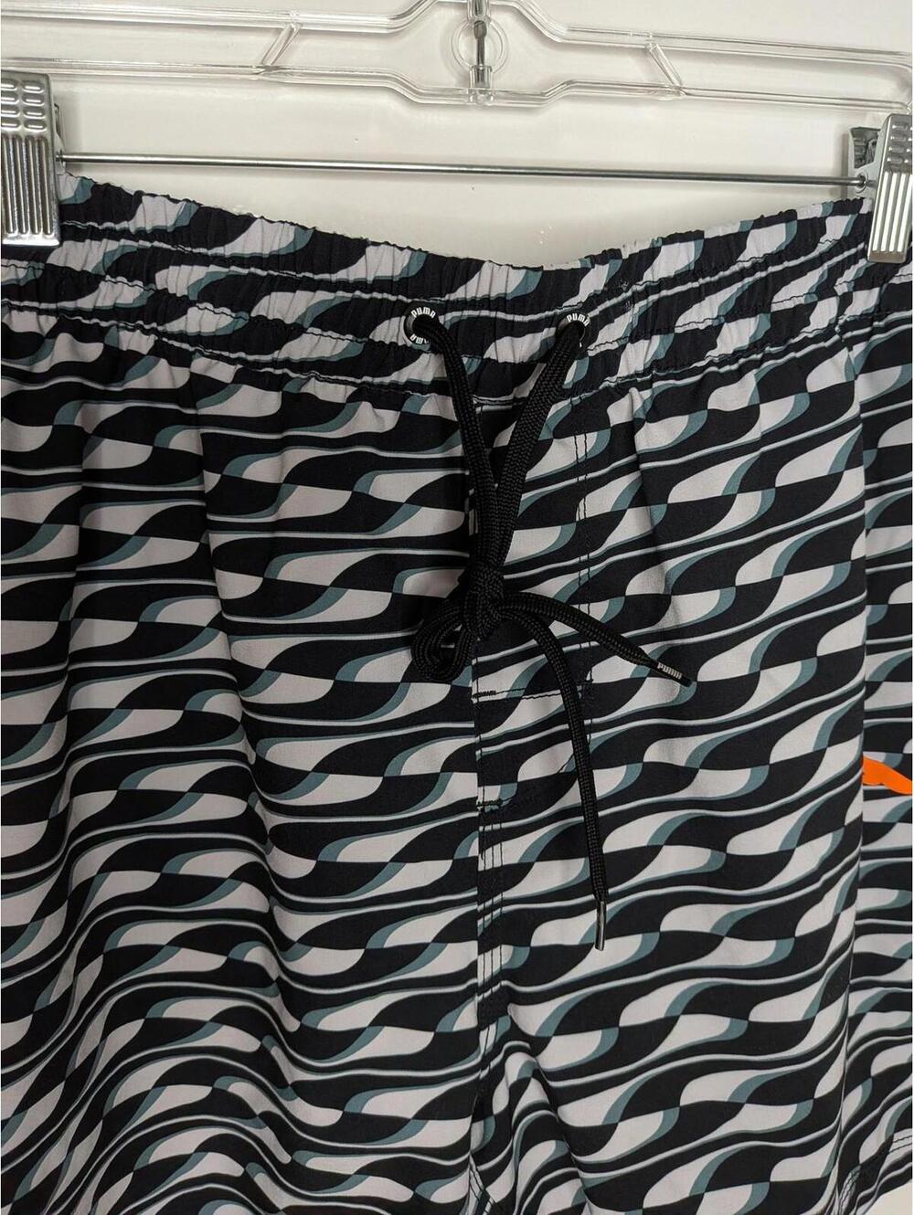 Puma Swim Shorts Mens Large Black Wave Stripe Elastic Waist Lined Trunks Pockets - Picture 3 of 8